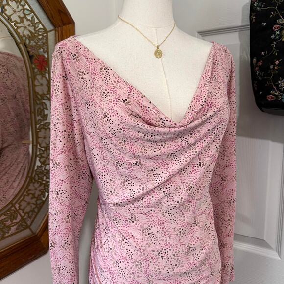 Mix It Pink & Brown Dotted Bubbly Pattern Cowl Neck Ruched Form Fitting Top XL - Picture 2 of 8